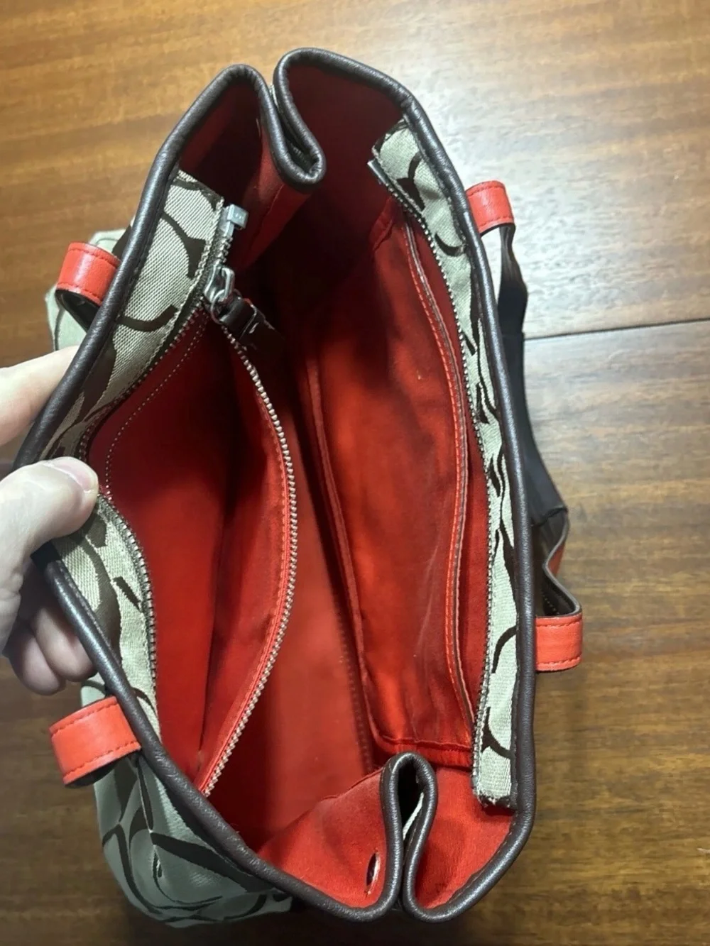 Coach Brown Signature Canvas Tote with Red Center Stripe